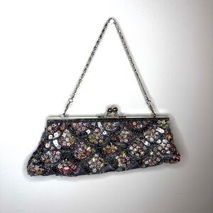 Rachel Silver Grey Beaded Clutch / Silver Clasp / Silver Chain / Vintage Style